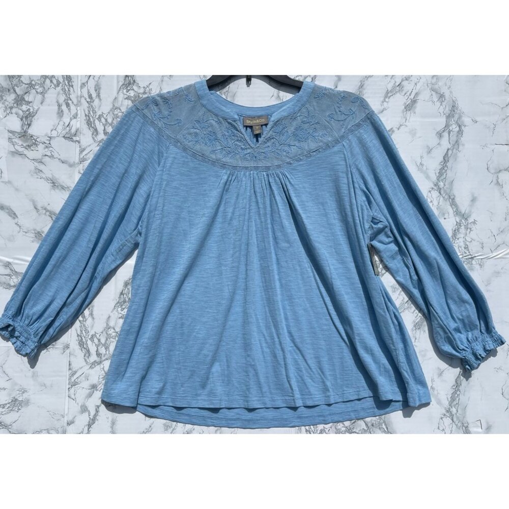 Style & Co Pale Hydrangea Blue Lace Knit Top 1X Long Sleeve Womens Shirt Cotton